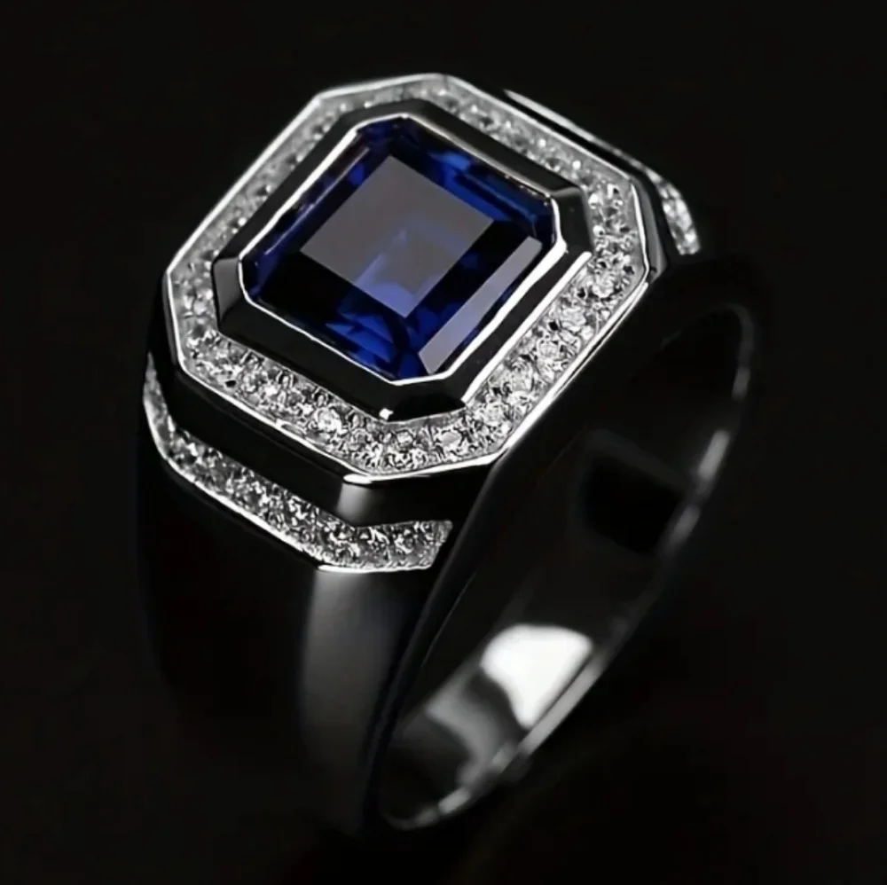 Stainless Steel Blue Gemstone Crystal Ring Men's